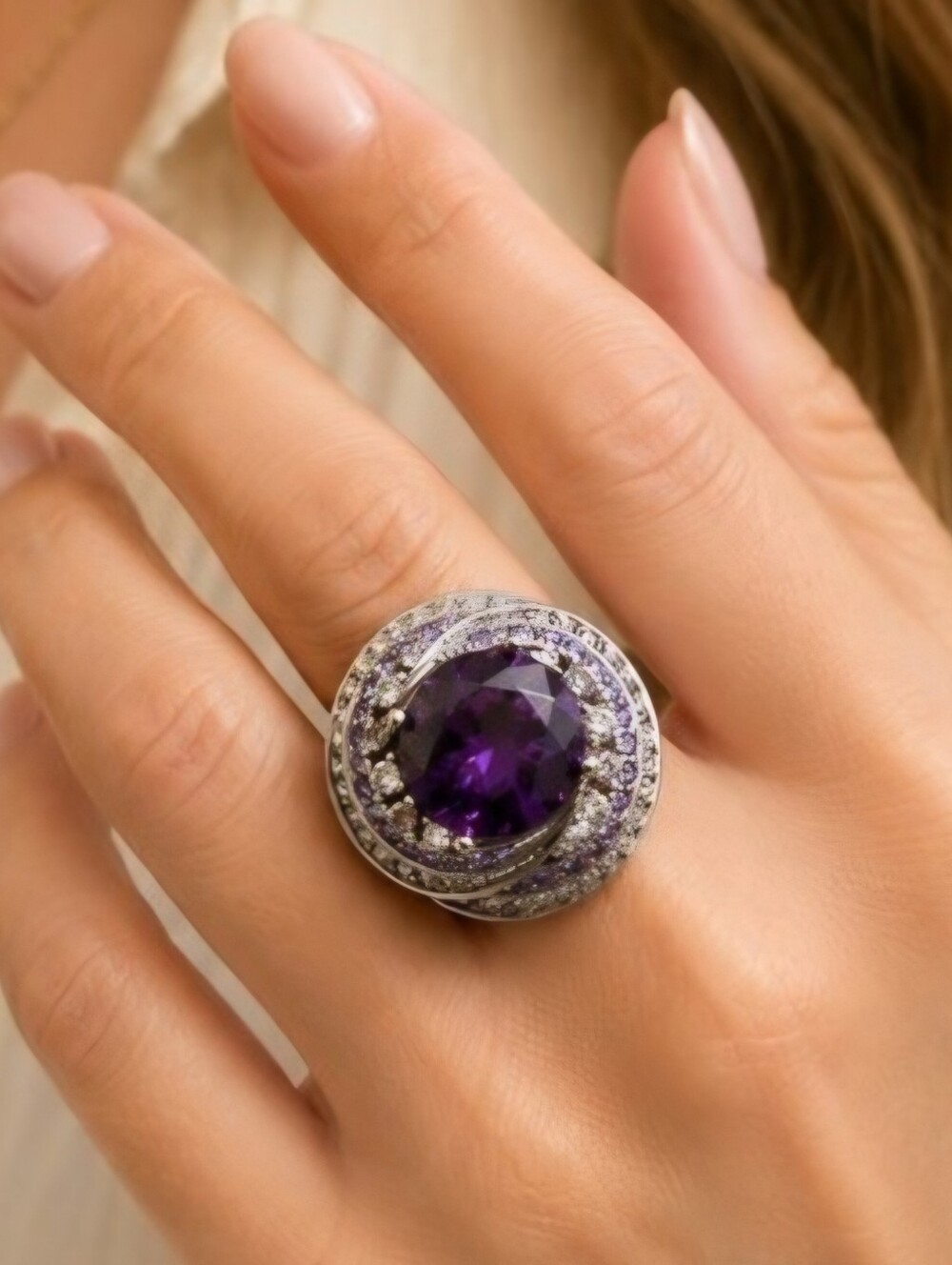 Stainless Steel Purple Cocktail Ring Size 10 – Large Round‎ Statement Stone with